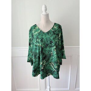 Taohuadao Green Black Fern Print Lined Blouse 3XL V-Neck 3/4 Sleeves
